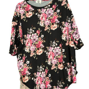 Floral Women's Top - Black and Pink - Buttery Soft